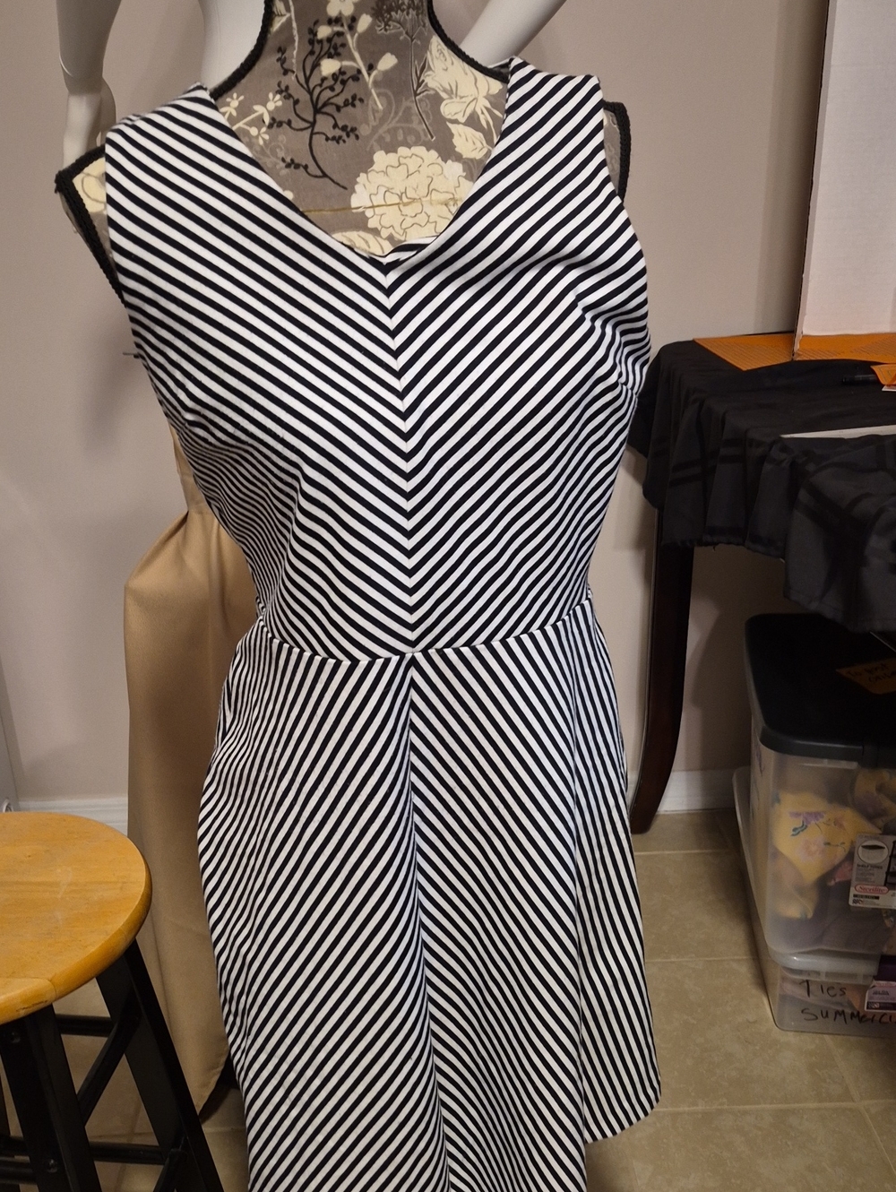 Talbots Black and White Striped V-Neck Fit-and-Flare Midi Dress